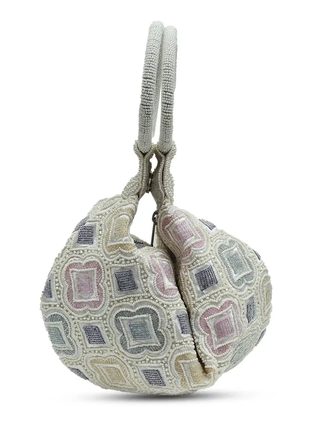 Patterned fabric pouch with a strap on a white background
