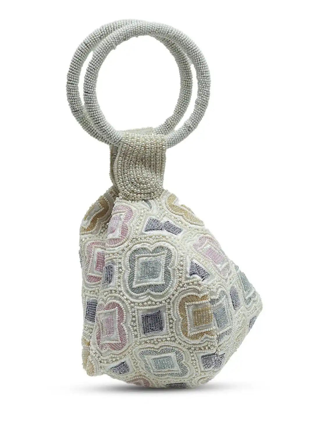 Textured fabric teething ring with geometric pattern on a white background