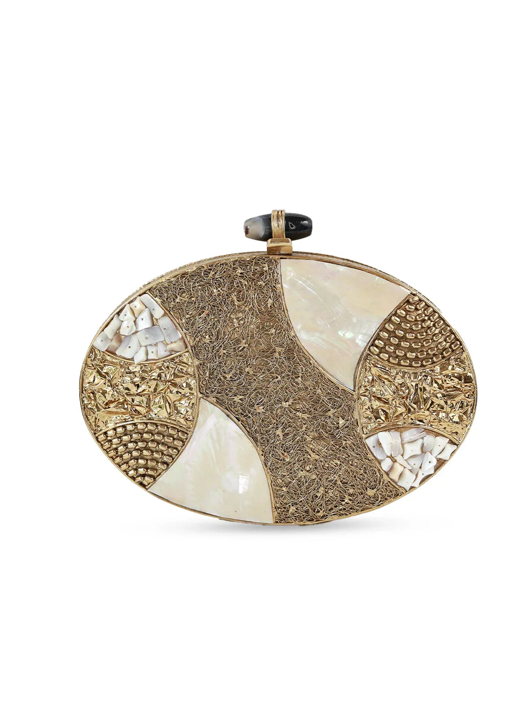 Decorative clutch with gold and white design on a white background
