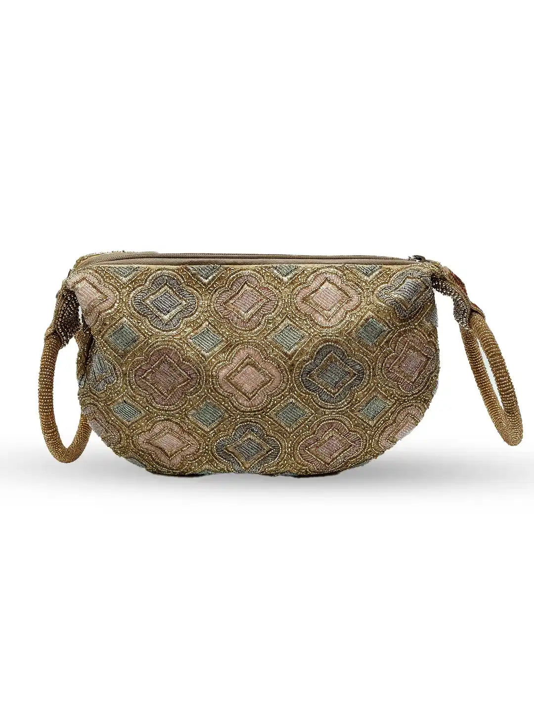 Embroidered clutch bag with geometric pattern on a white background