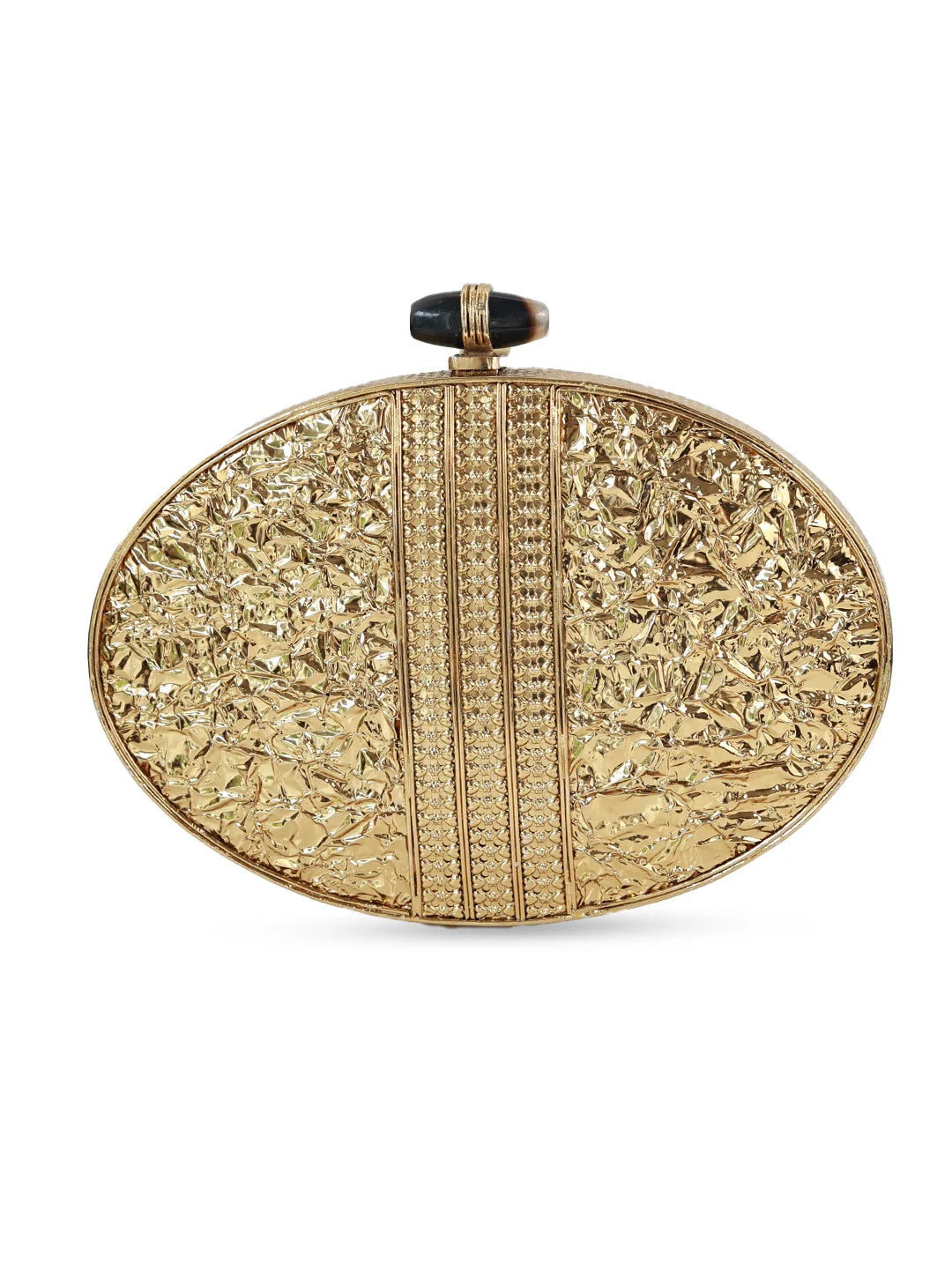 Gold clutch with intricate design on a white background