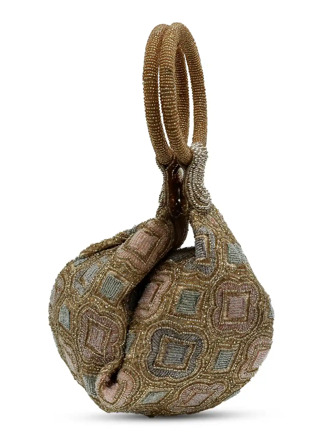Decorative fabric bag with intricate patterns on a white background