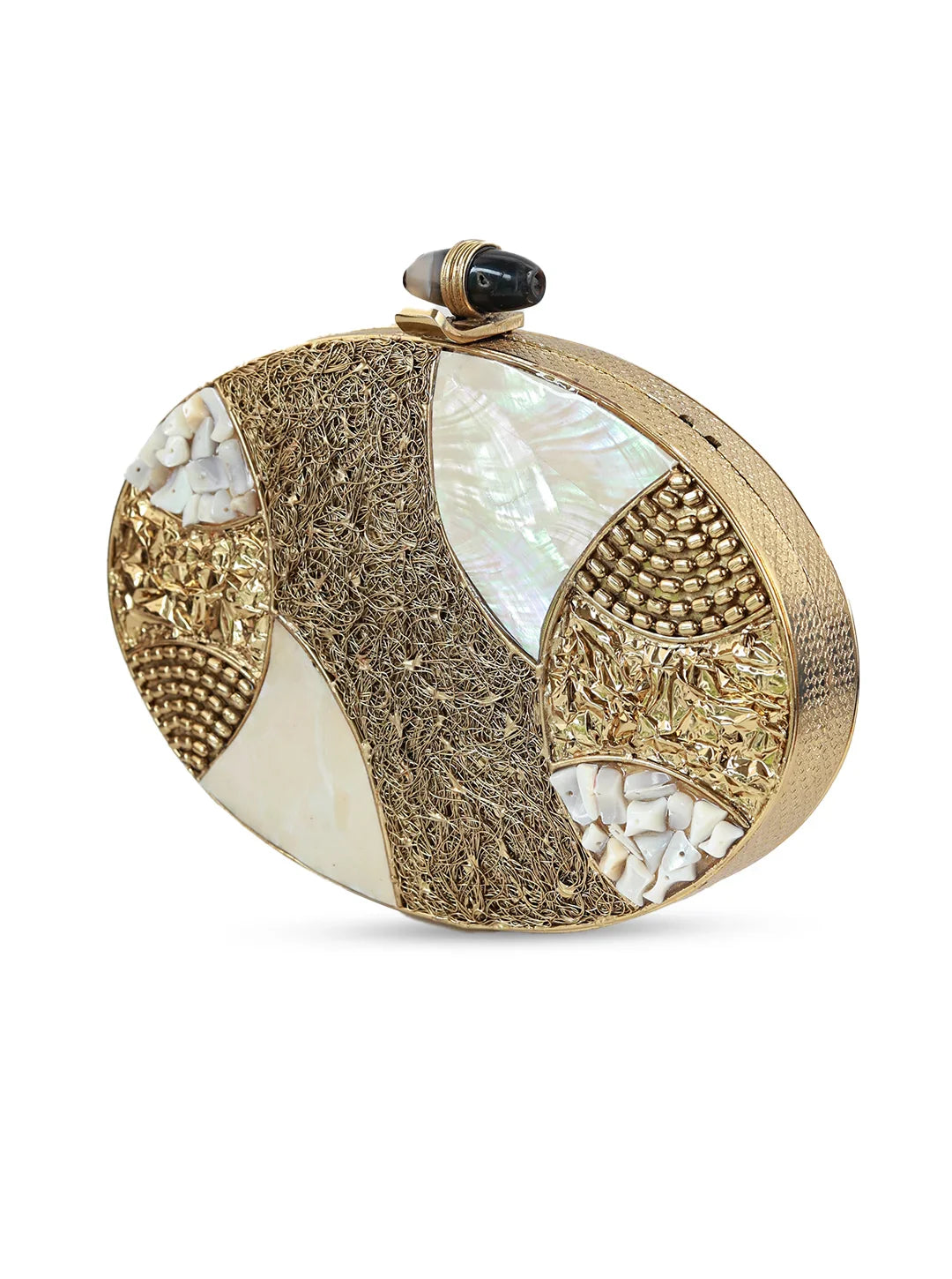 Gold and white decorative object on a white background