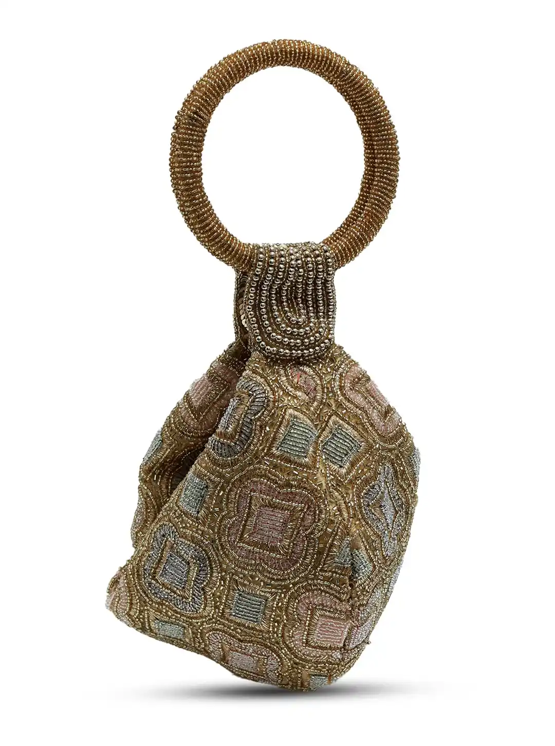 Decorative handbag with intricate patterns and a ring handle on a white background