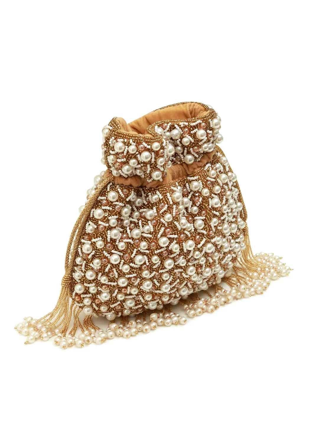 Rimsha Golden Pearl Potli Bag with Tassels