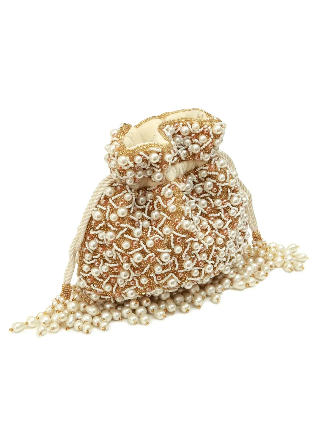 Rimsha White Pearl Potli Bag with Tassels