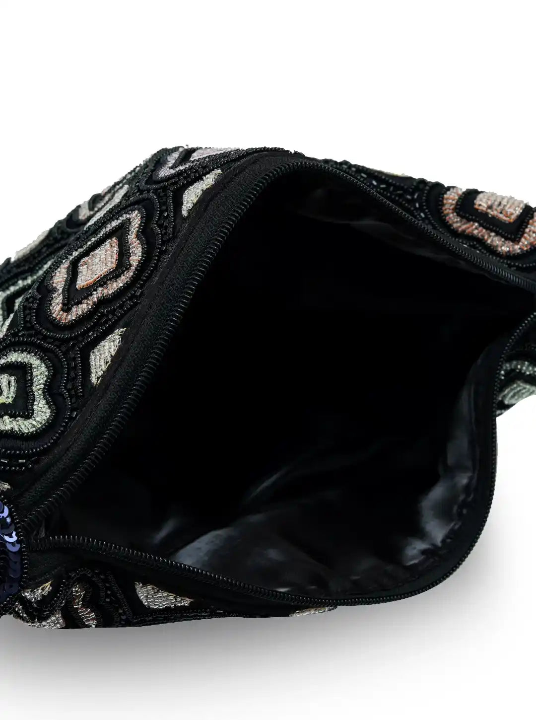 Black pouch with intricate pattern on a white background
