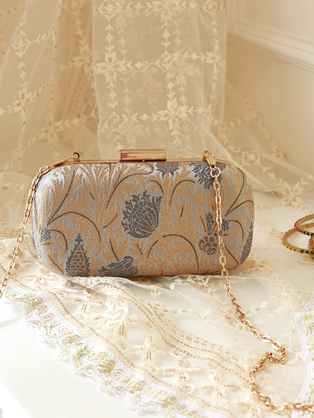 Elora Banarasi Grey Long Clutch