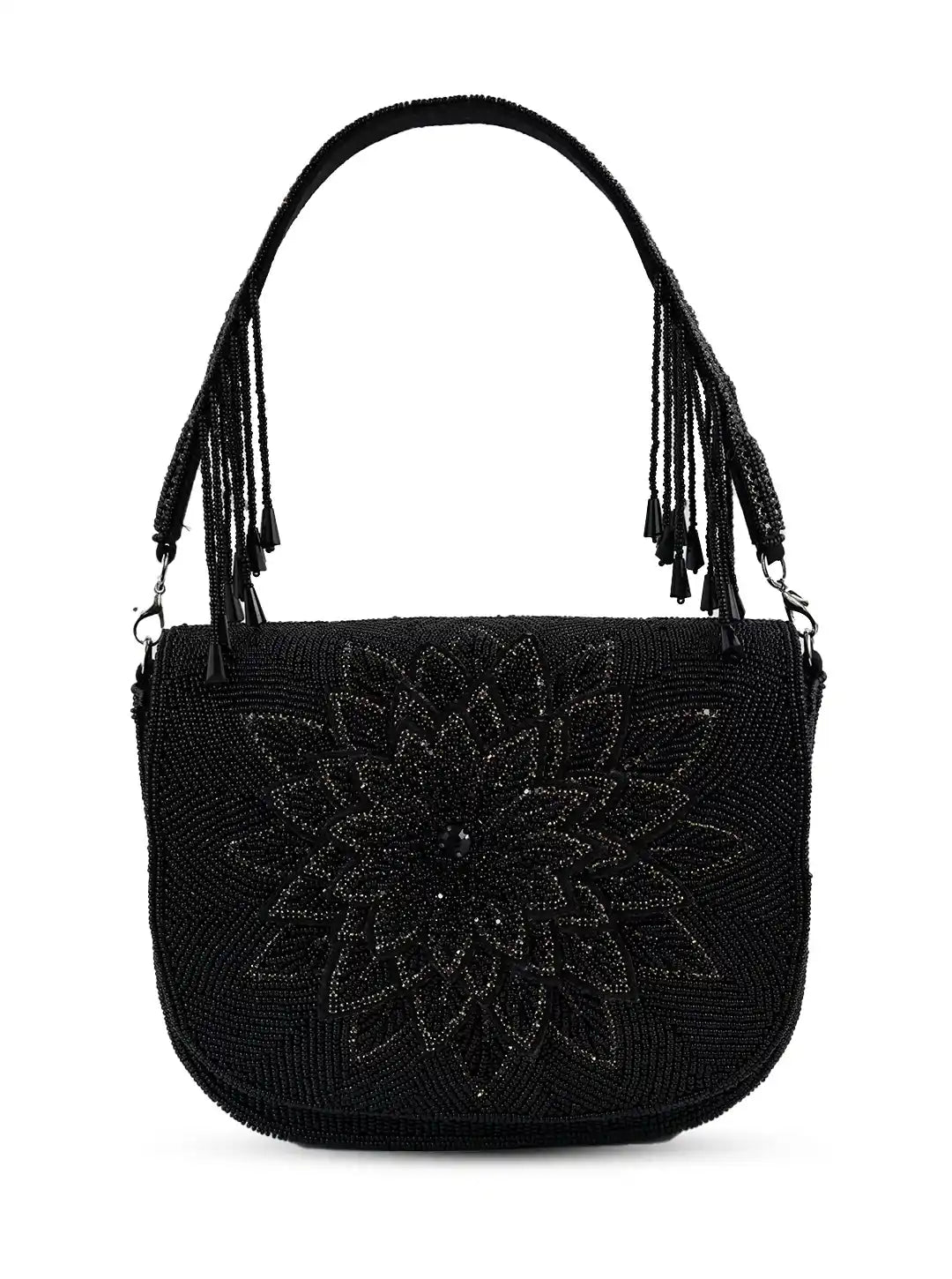 Black beaded handbag with floral design on a white background