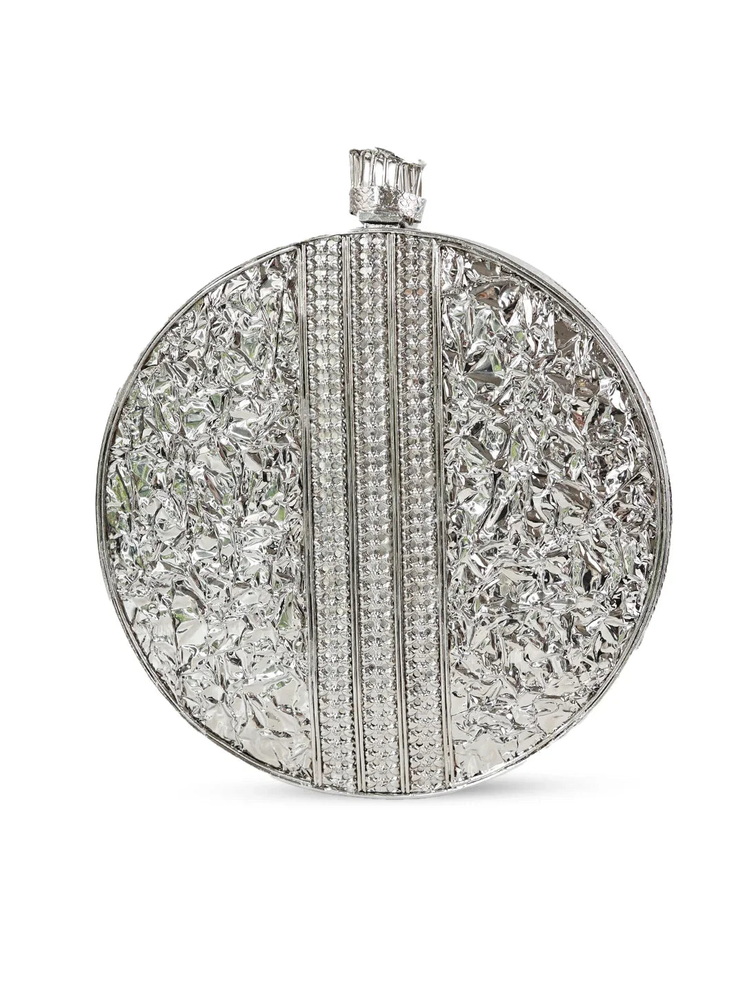 Round silver clutch with intricate design on a white background