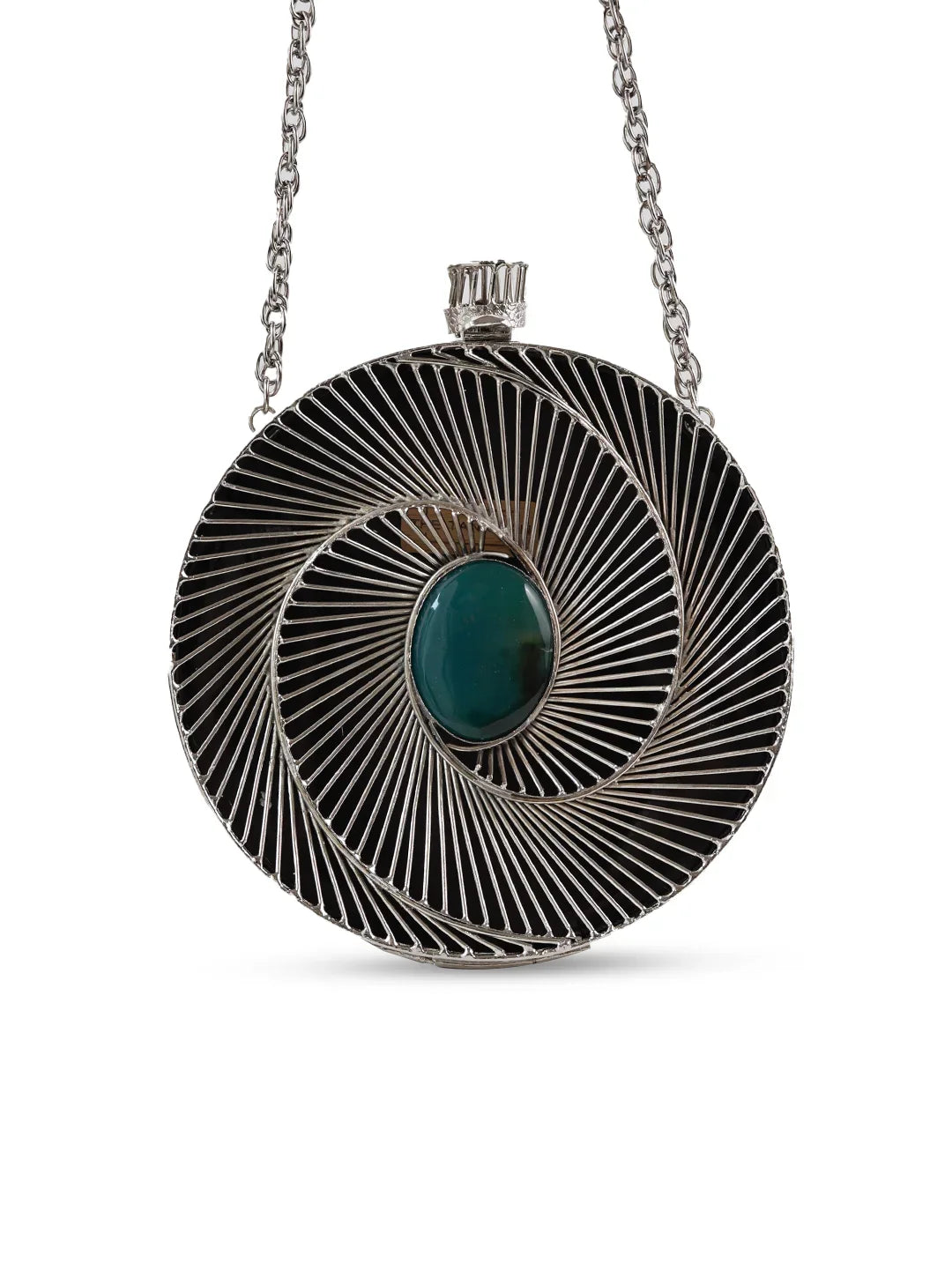 Silver spiral pendant with a green gemstone on a white background