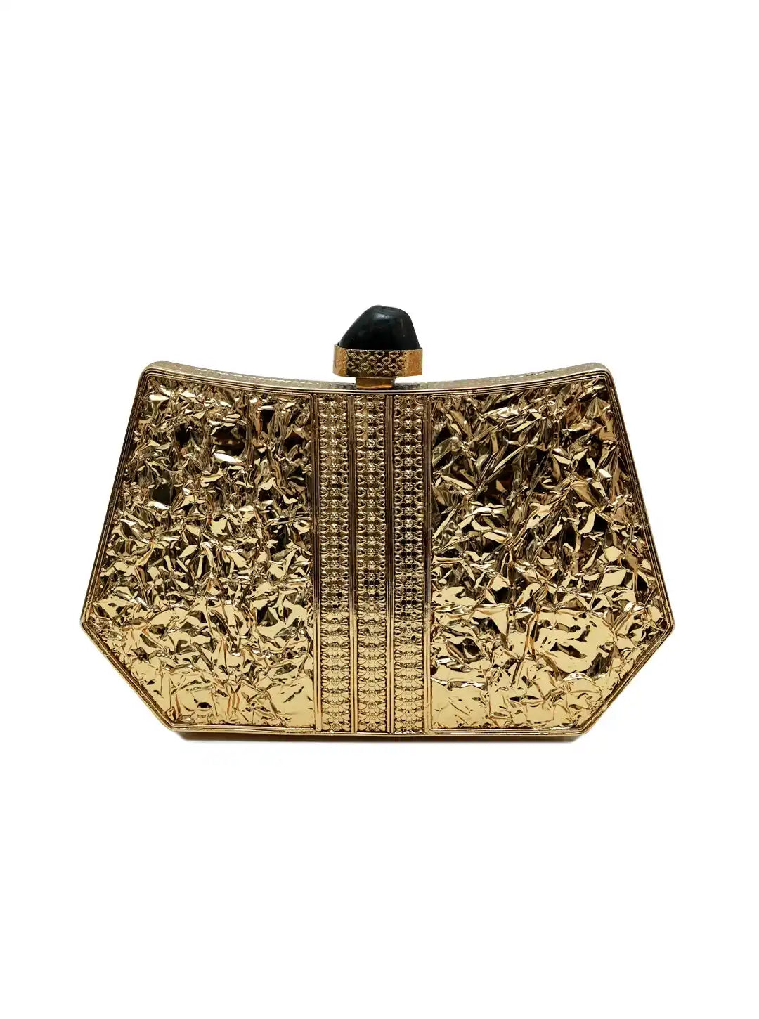 Gold textured clutch bag with a black clasp on a white background