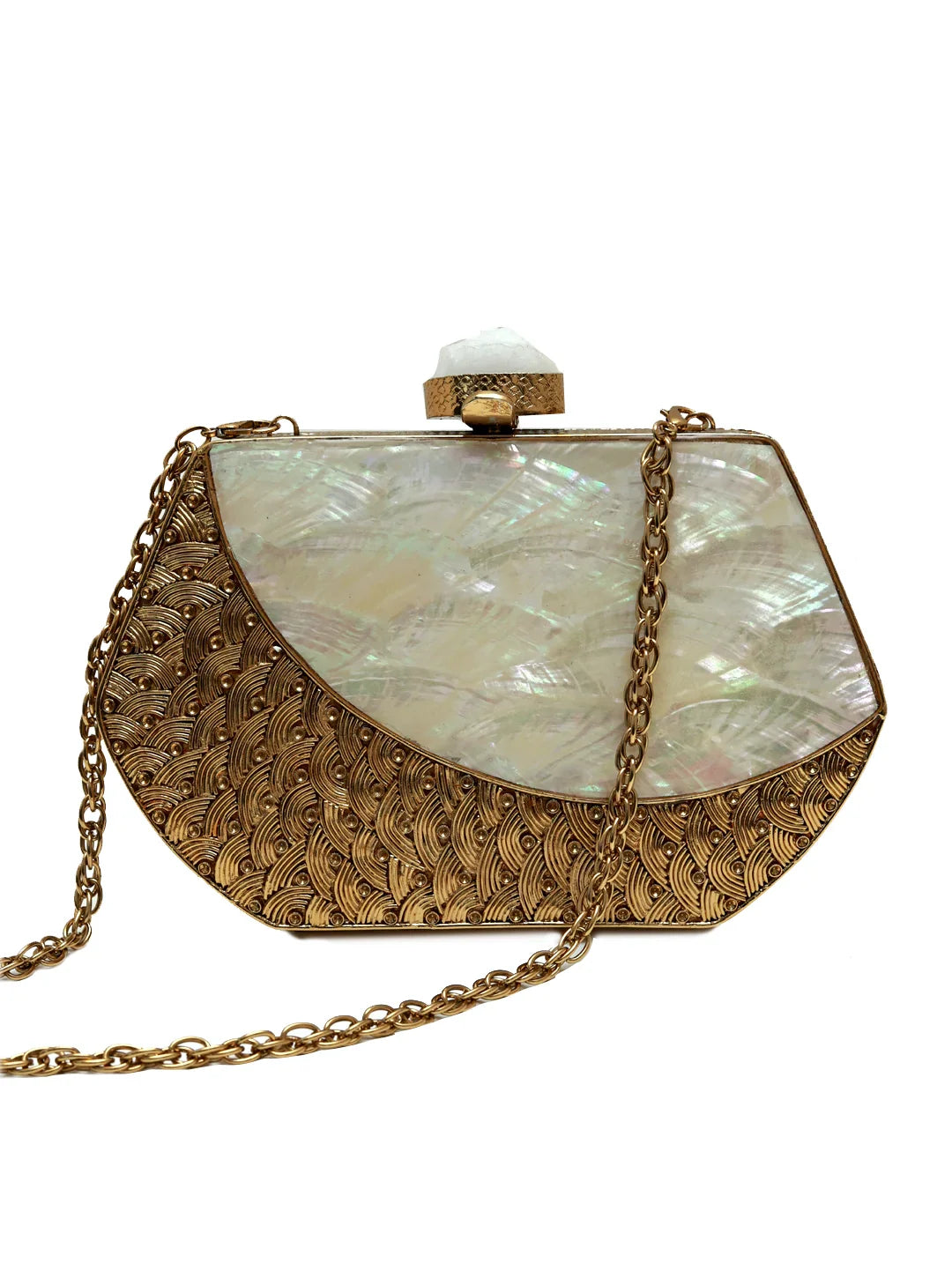 Elegant clutch bag with gold chain and shell-like surface on a white background