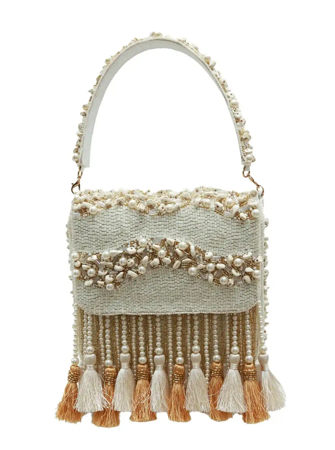Handbag with pearl and tassel details on a white background