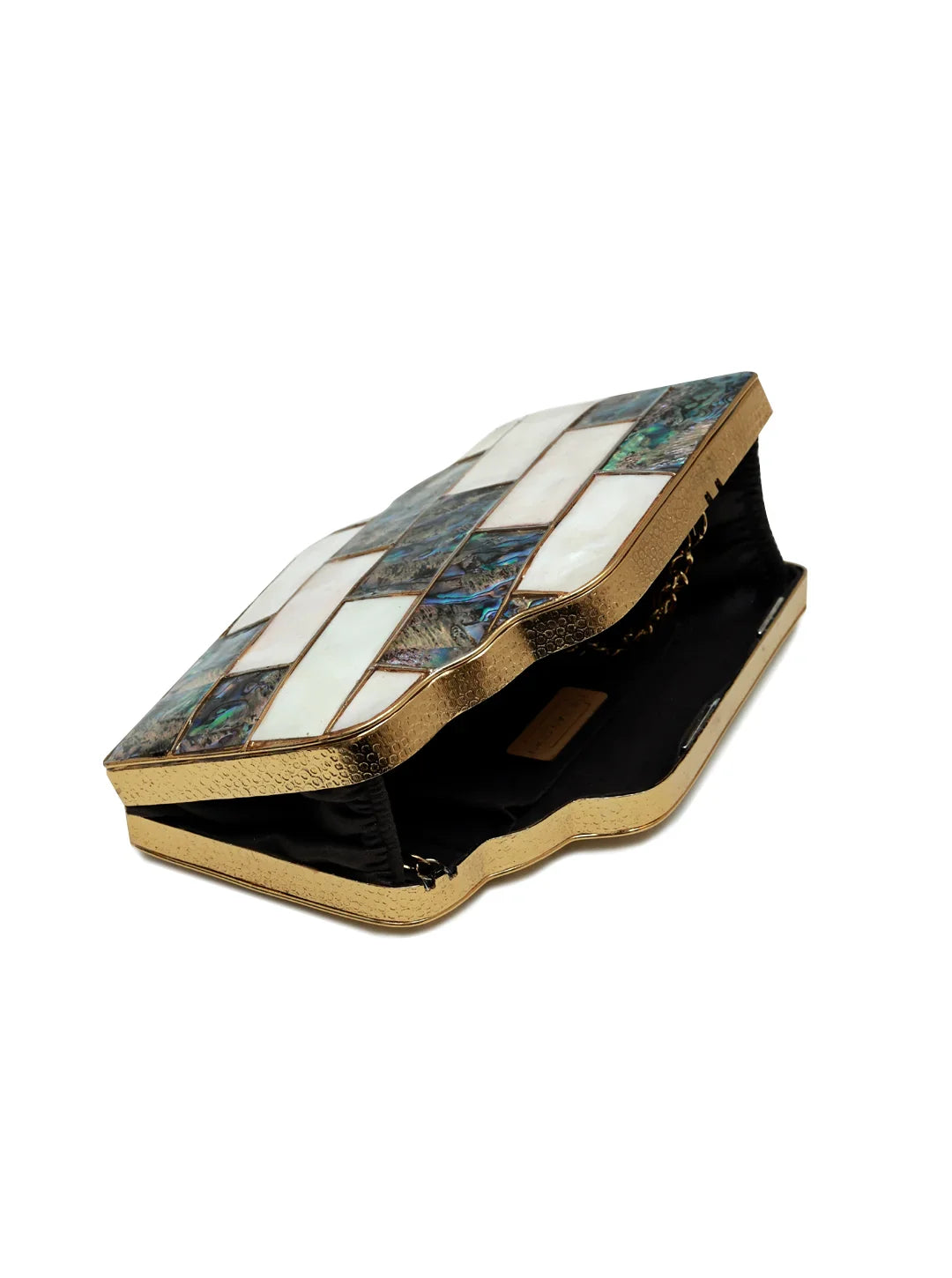 Checkered patterned clutch bag with gold trim on a white background