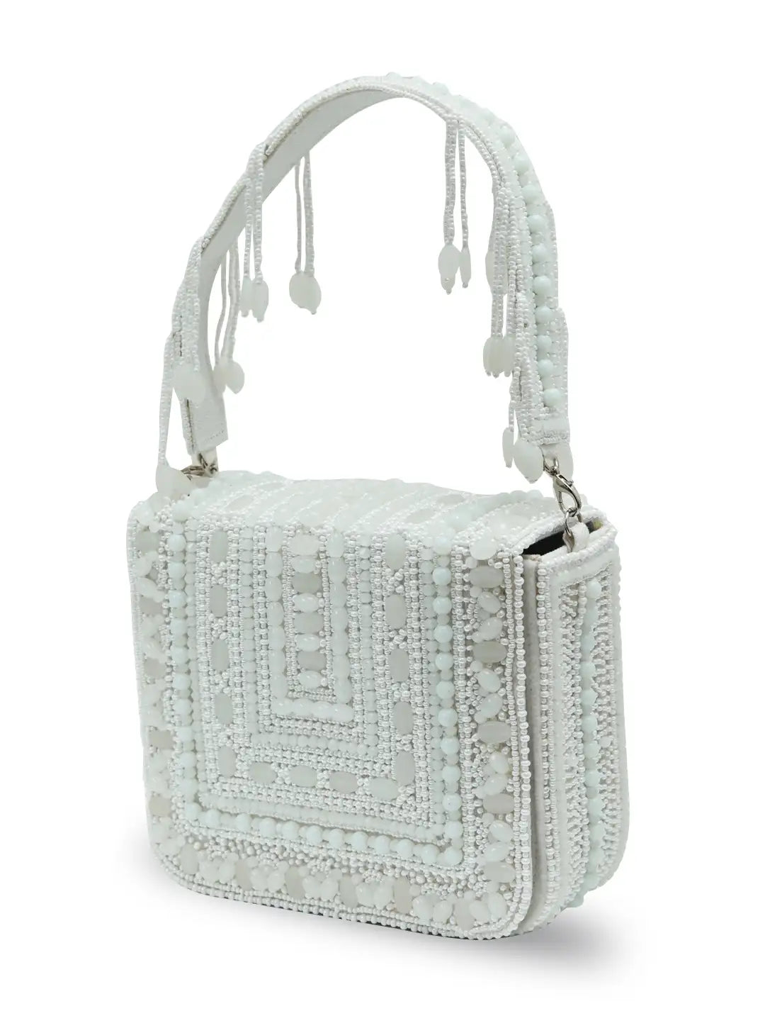 white flap bag with a strap on a white background