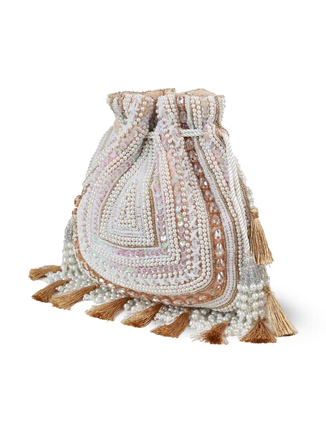 Beaded drawstring bag with tassels on a white background