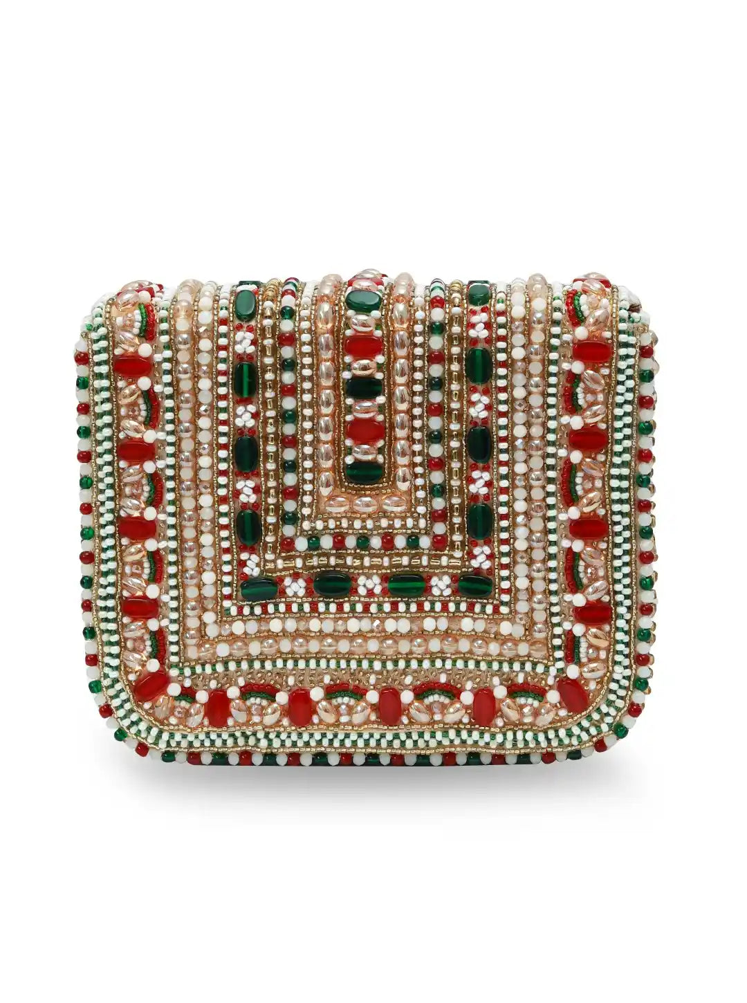 Decorative clutch bag with red, green, and gold embellishments on a white background