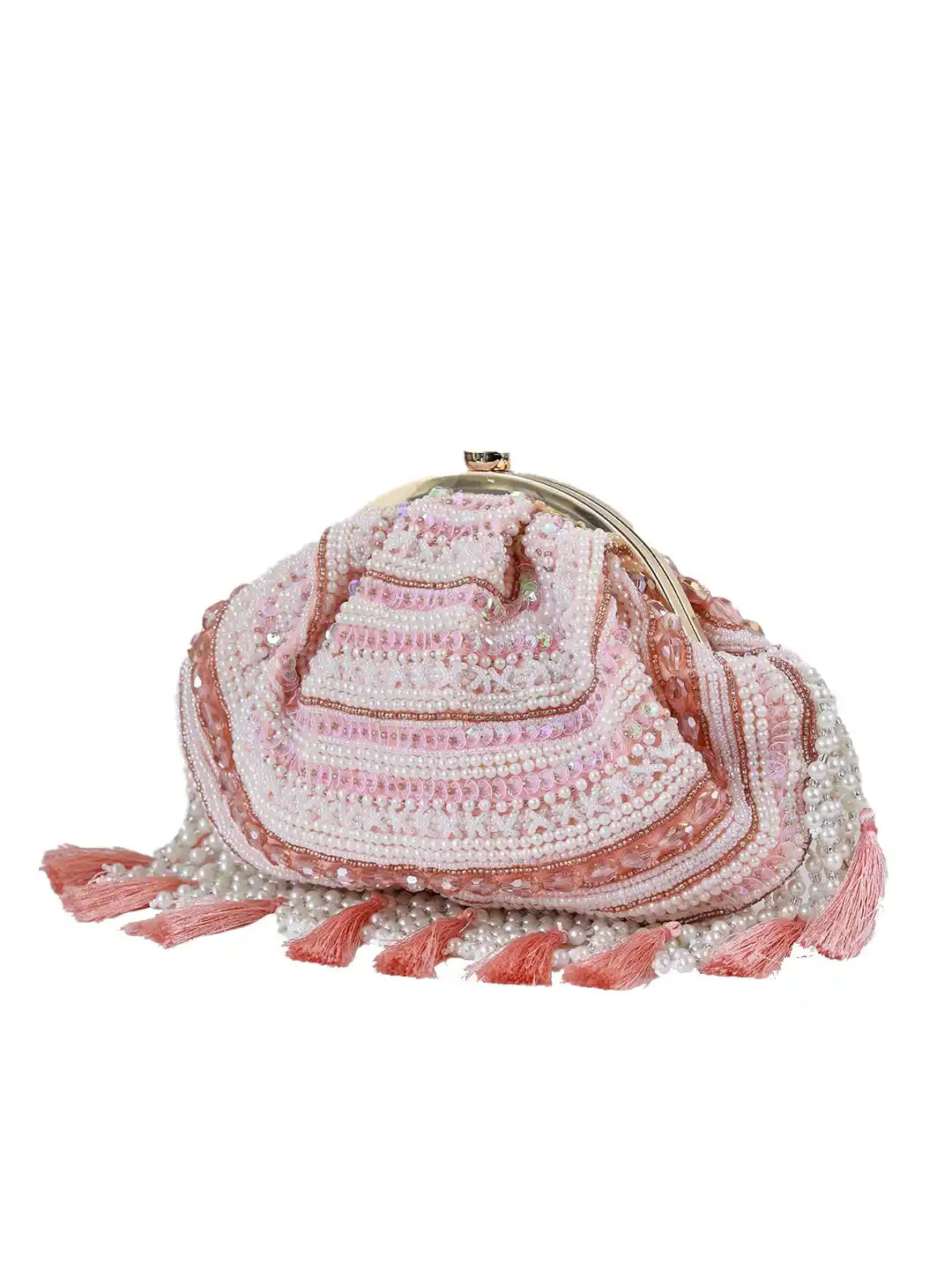 Pink and white striped handbag with tassels on a white background