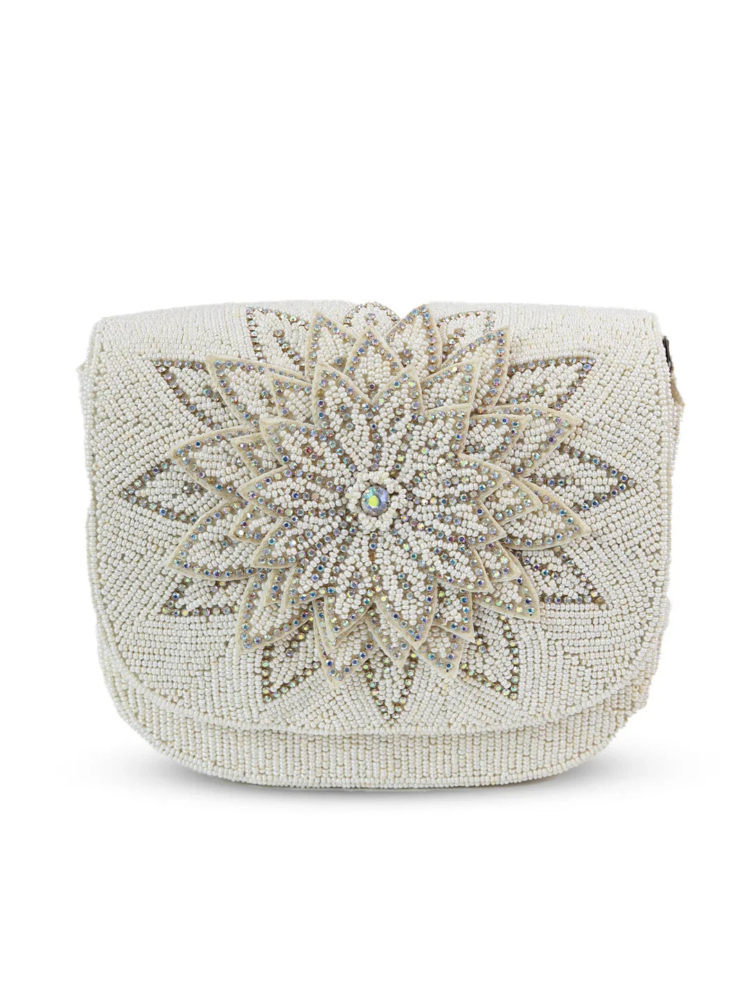 Beaded clutch bag with floral design on a white background