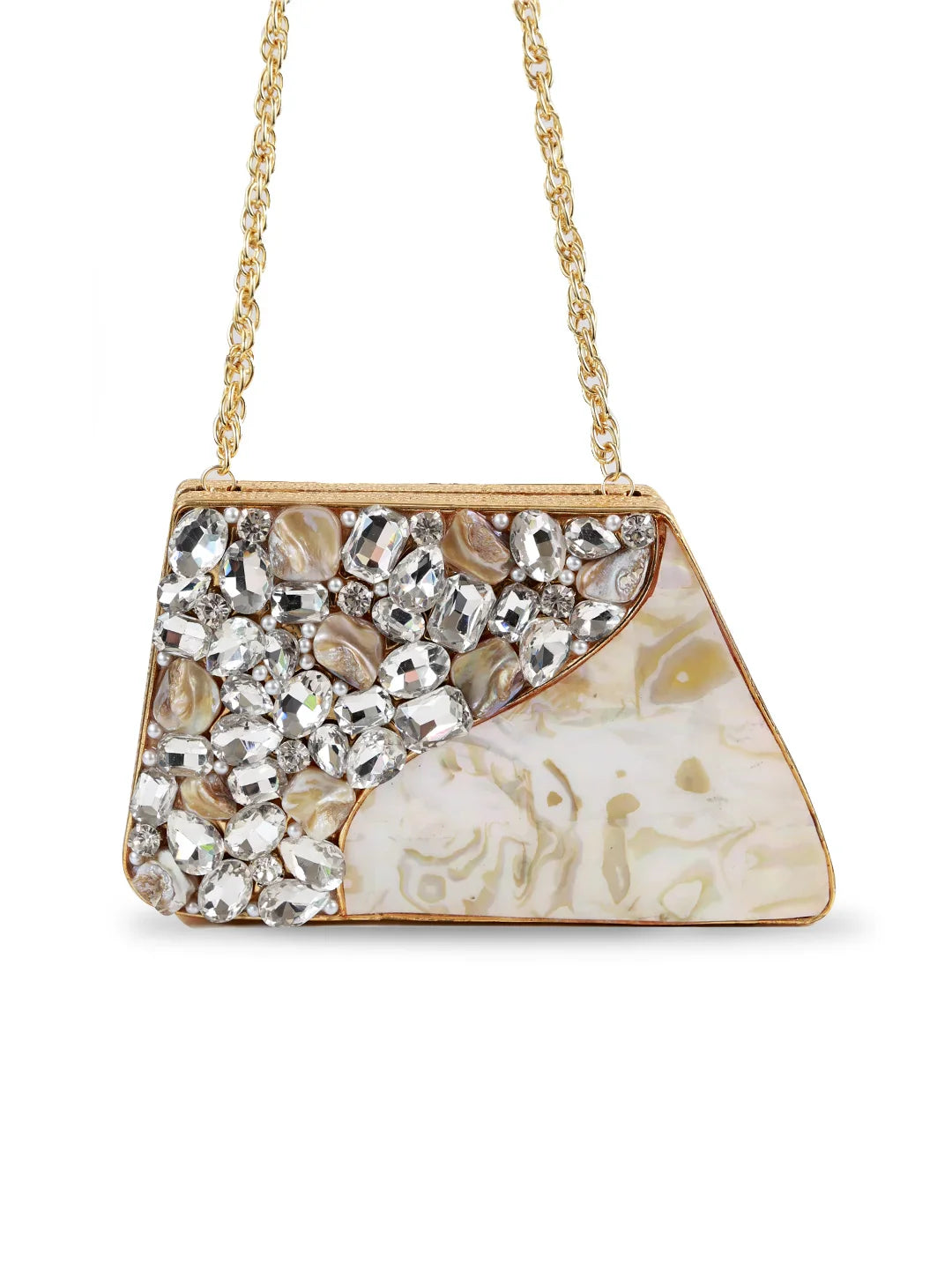 Elegant handbag with gemstone embellishments on a white background