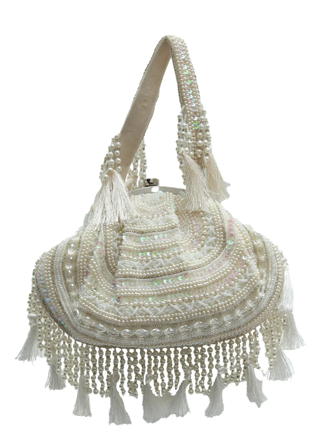 Decorative handbag with beads and tassels on a white background