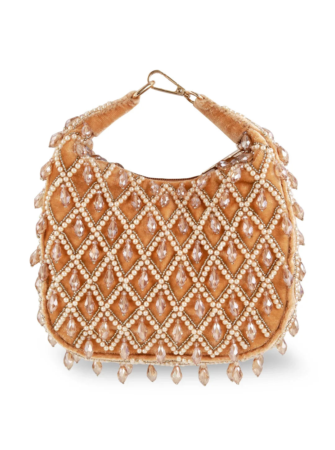Beaded handbag with a lattice pattern on a white background