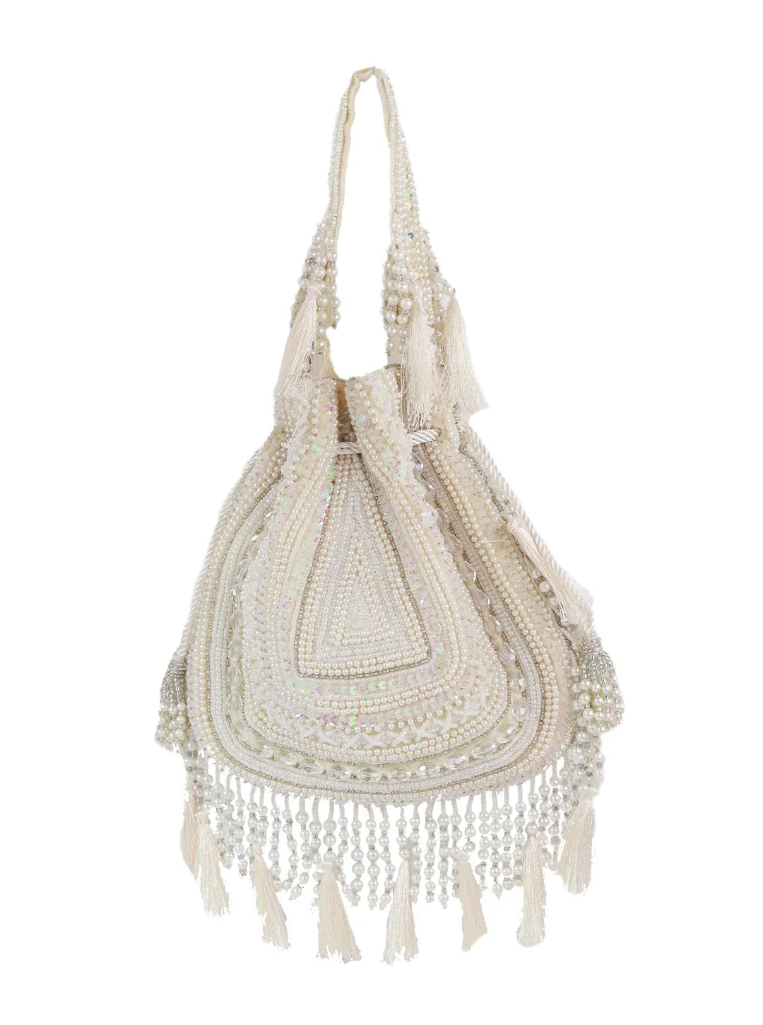 Beaded handbag with tassels on a white background
