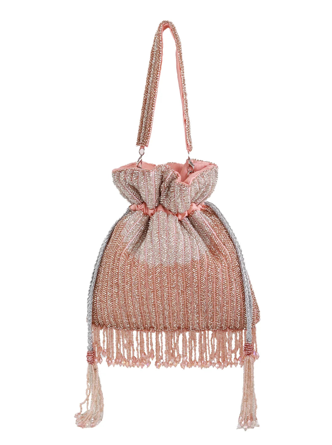 Knitted drawstring bag with fringes on a white background