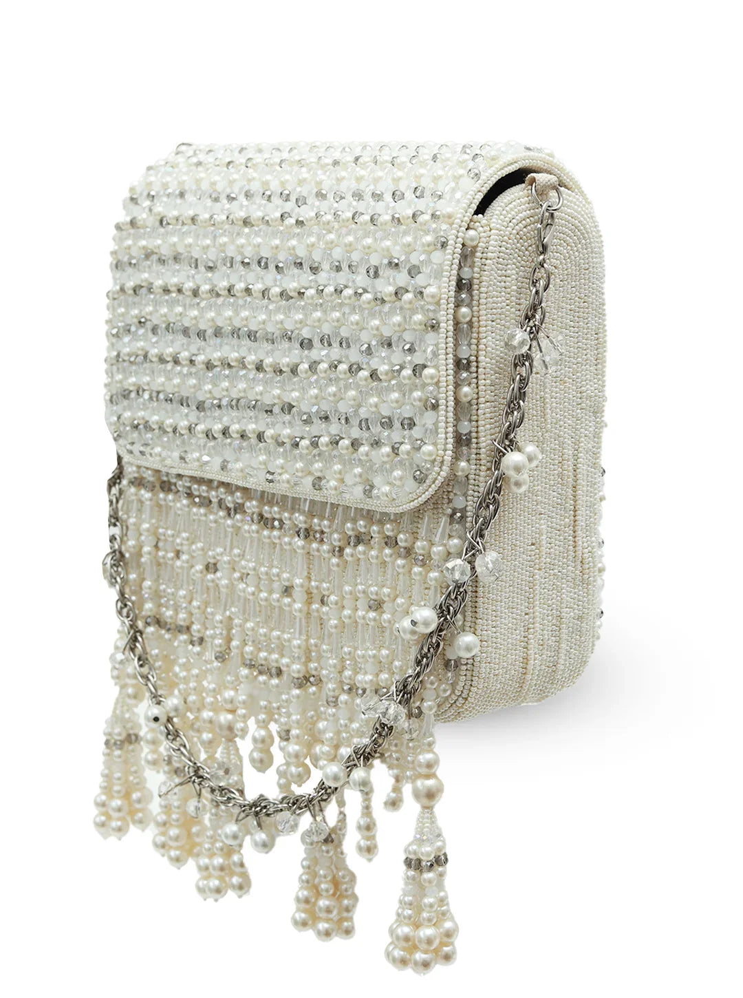 Elegant handbag with pearl and crystal embellishments on a white background