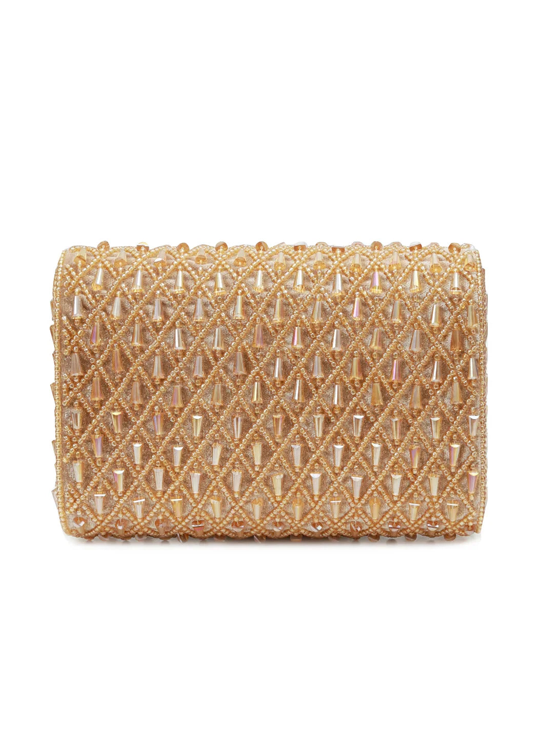 Gold beaded clutch bag on a white background