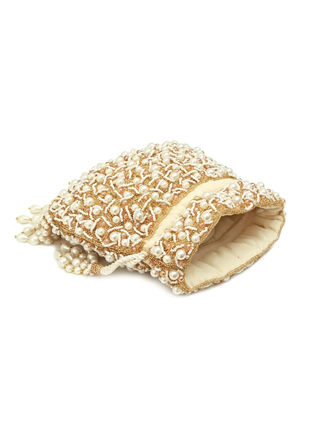 Rimsha White Pearl Potli Bag with Tassels