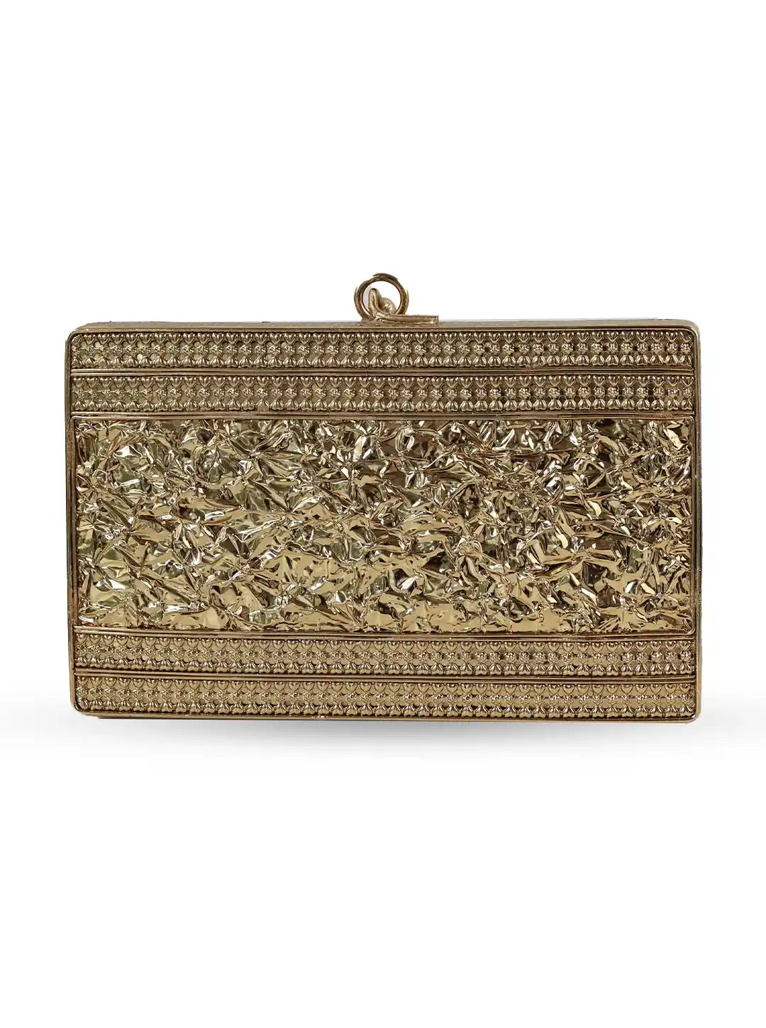 Gold clutch with intricate design on a white background