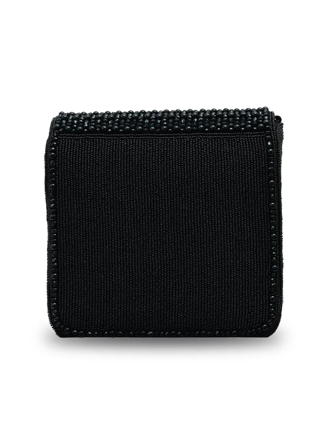 Black beaded wallet on a white background