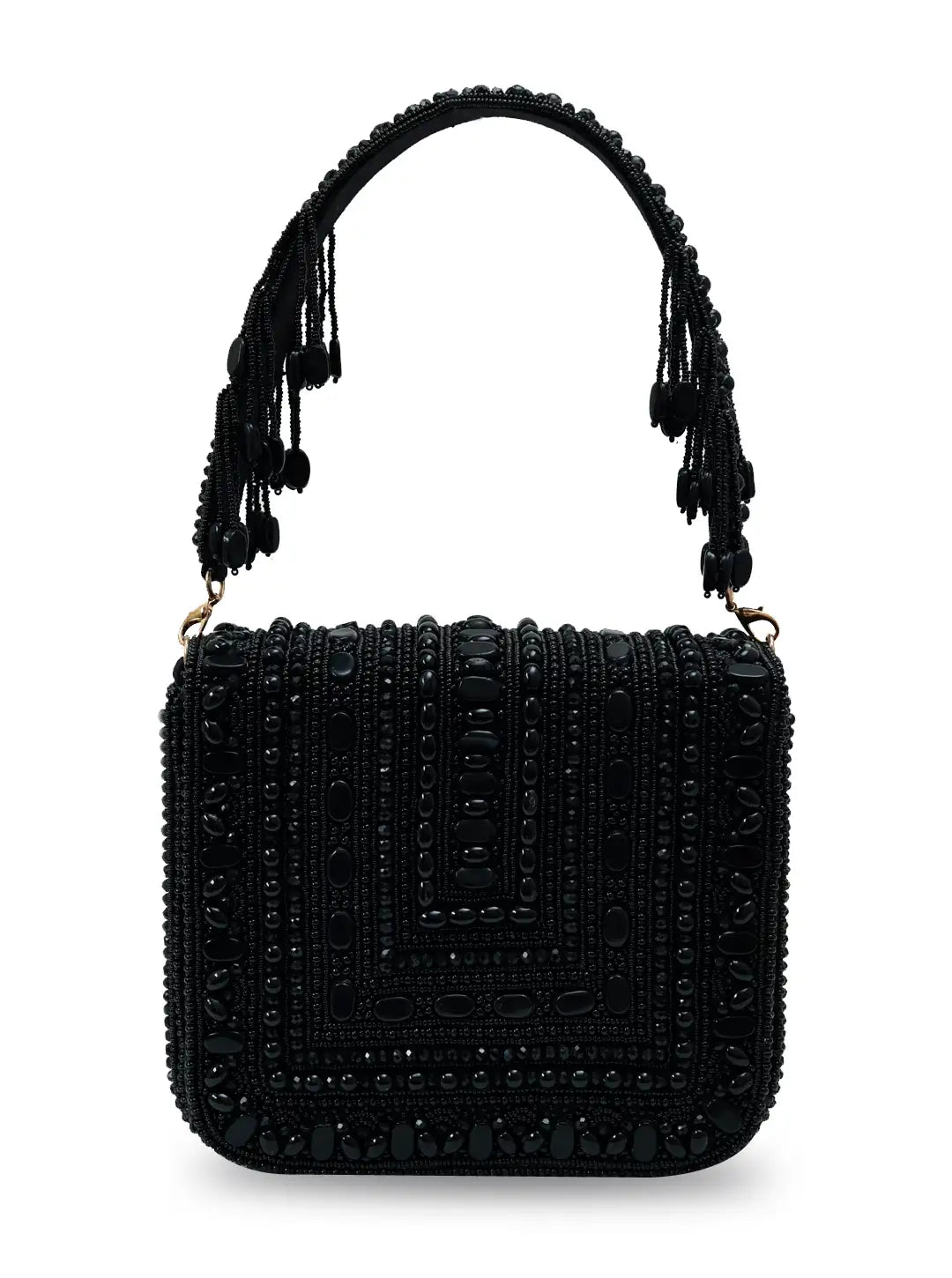 Black textured handbag with tassels on a white background