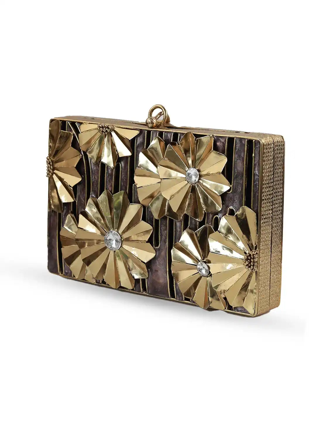 Gold floral clutch bag on a white background