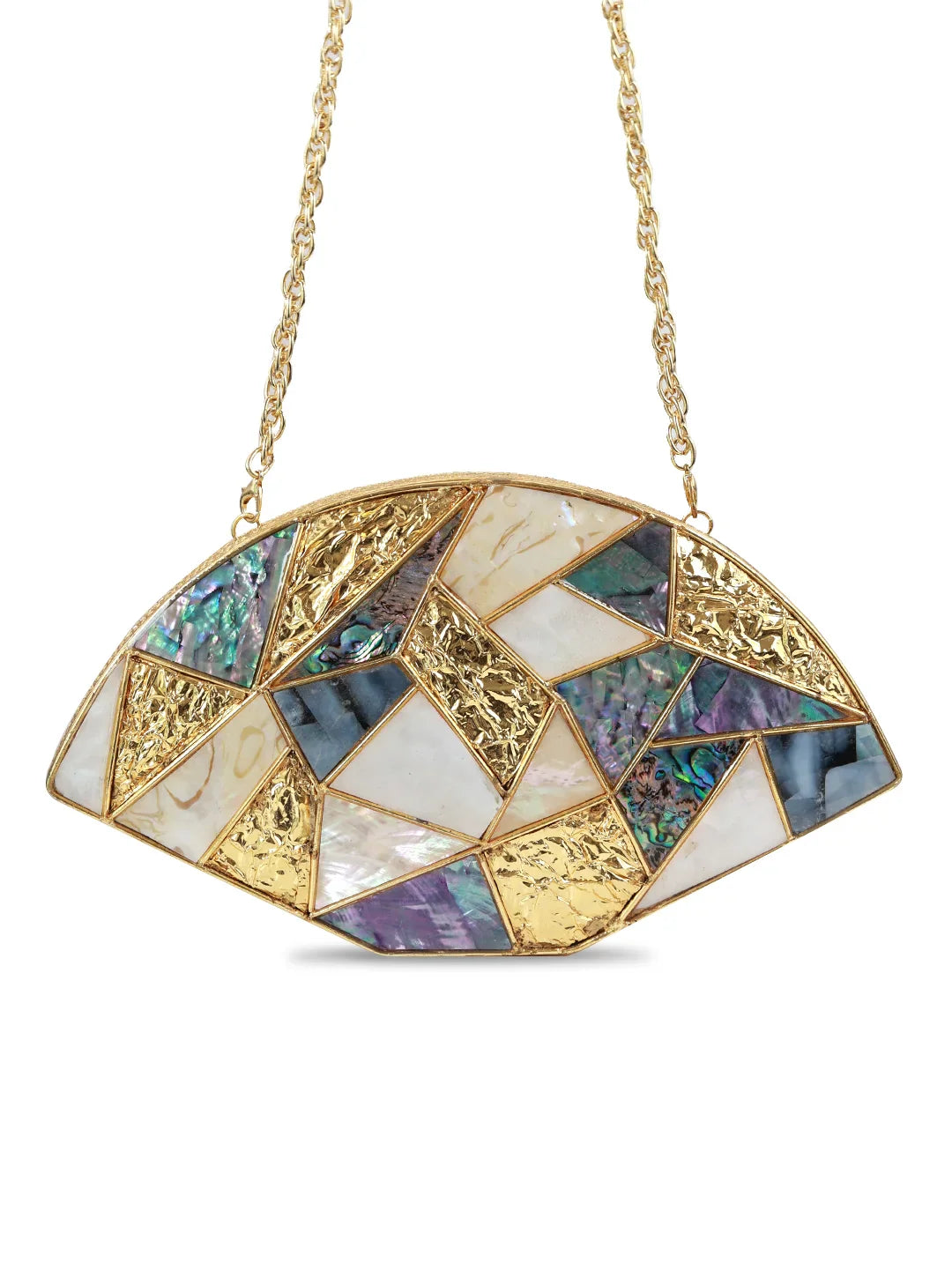 Geometric pendant necklace with gold and multicolored stone design on a white background