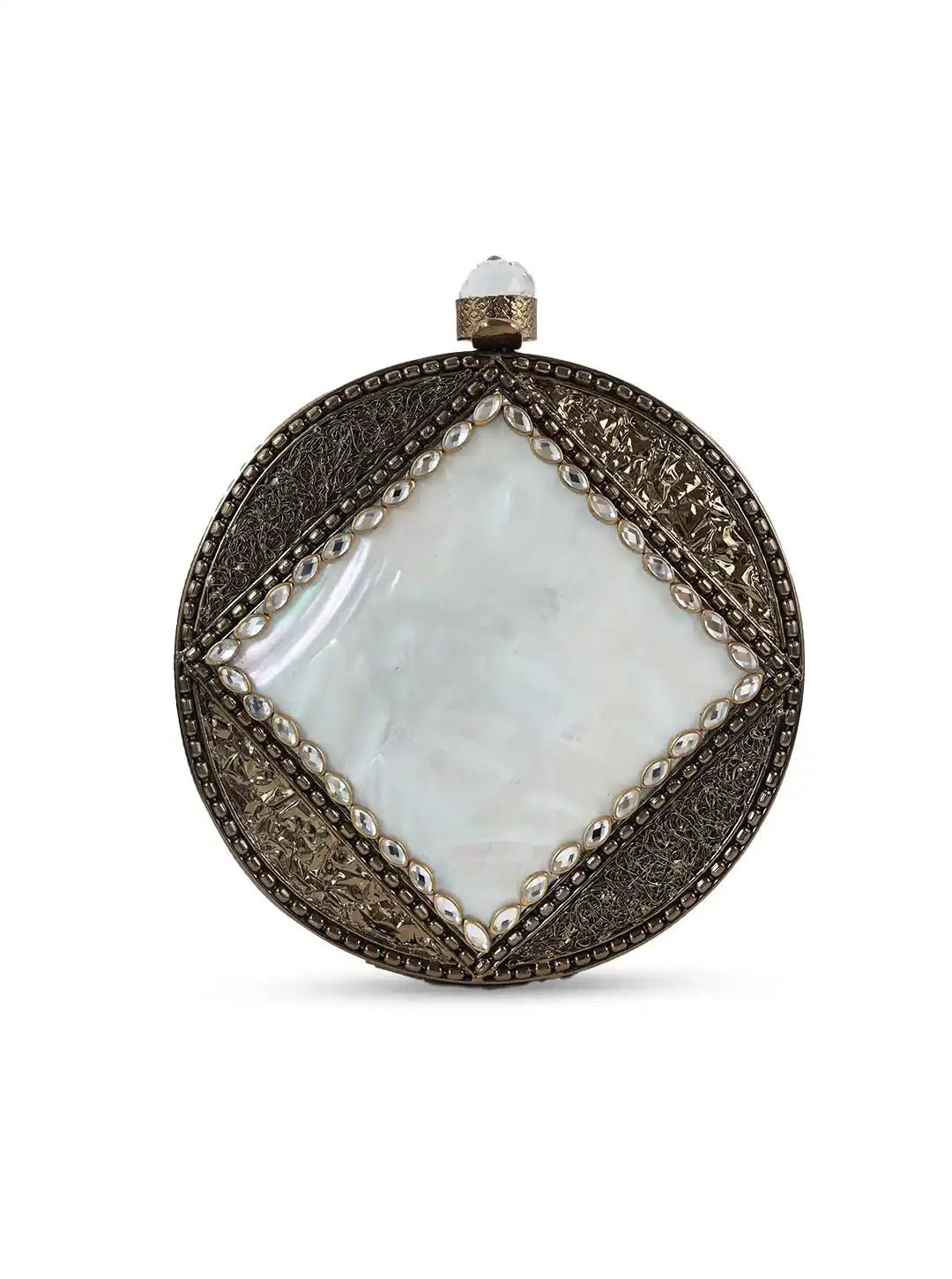 Decorative round object with a white central panel and decorative border on a white background