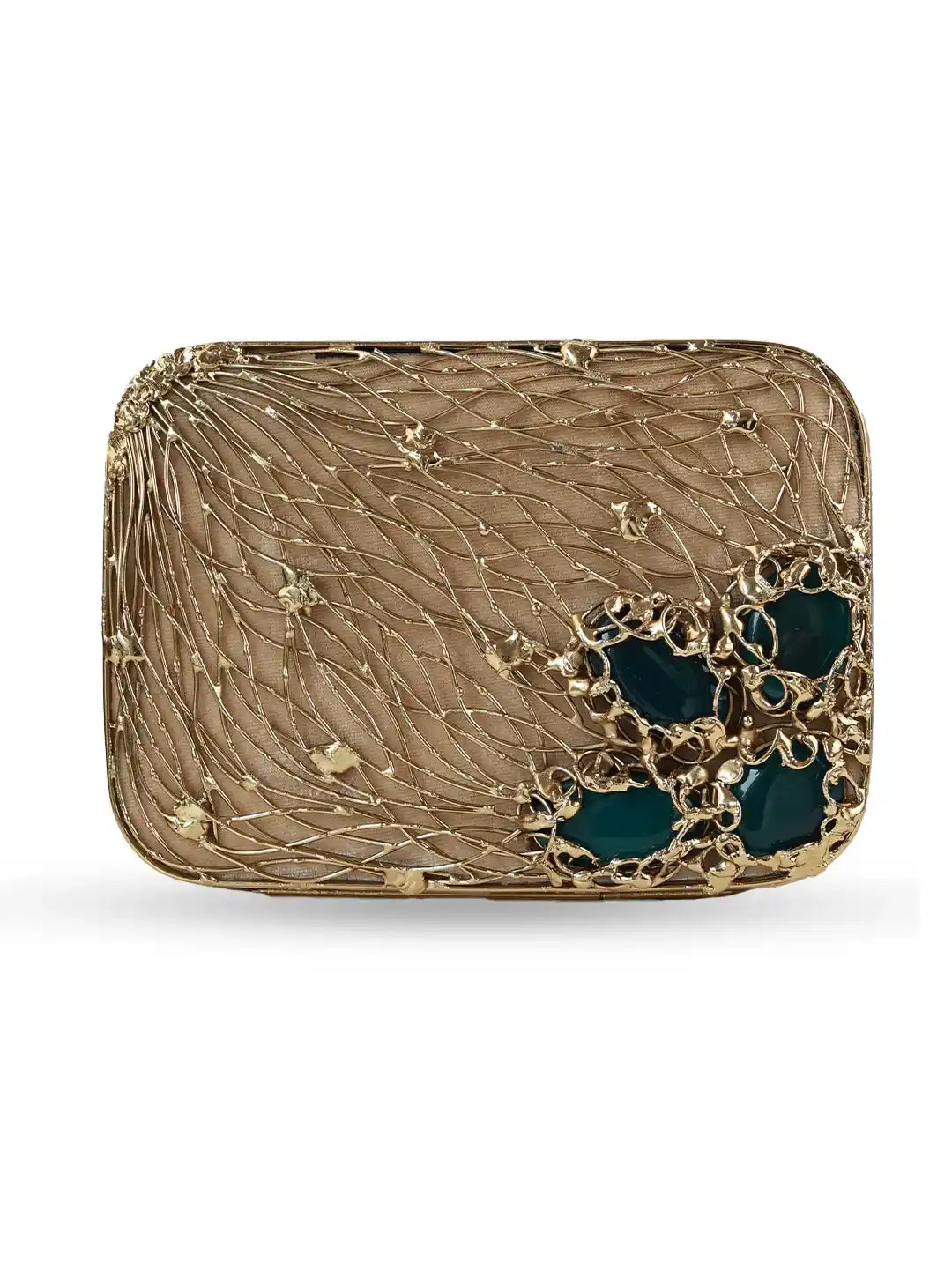 Decorative box with gold and green design on a white background