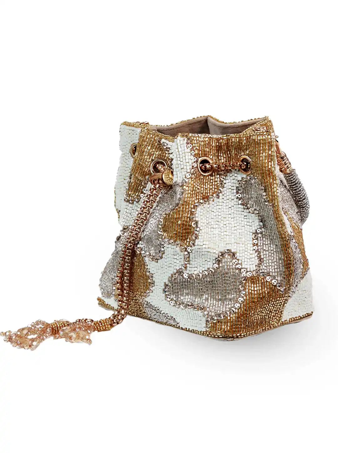 Sequined bag with gold and silver pattern on a white background