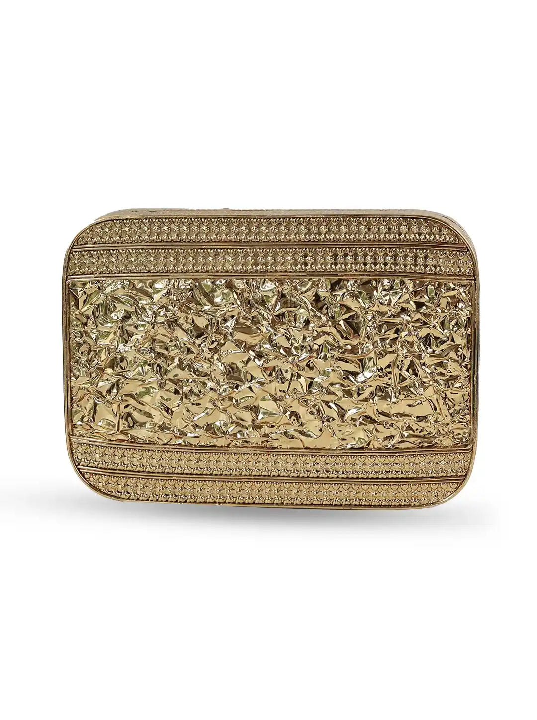 Gold clutch with textured surface on a white background