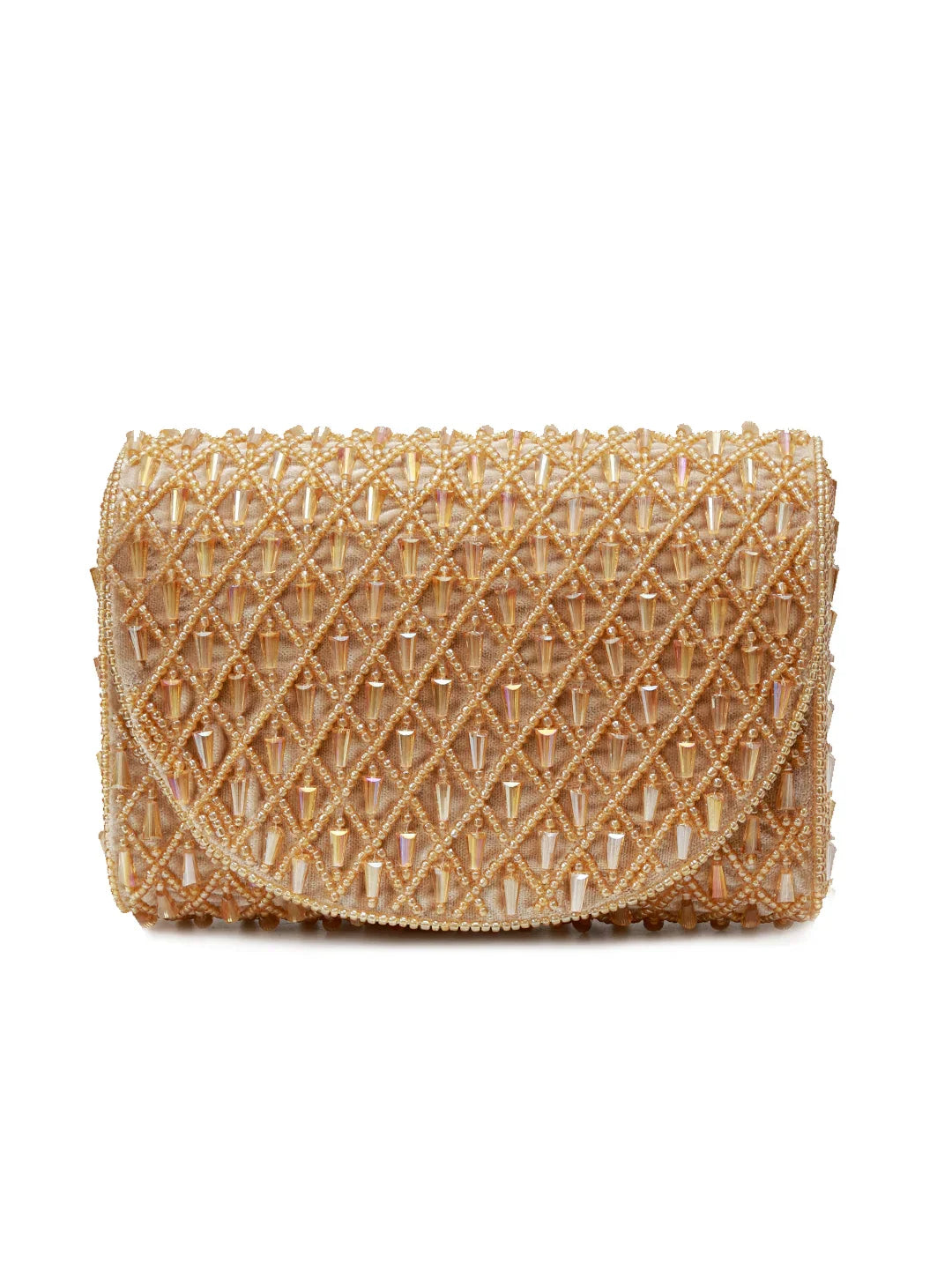 Gold beaded clutch bag on a white background
