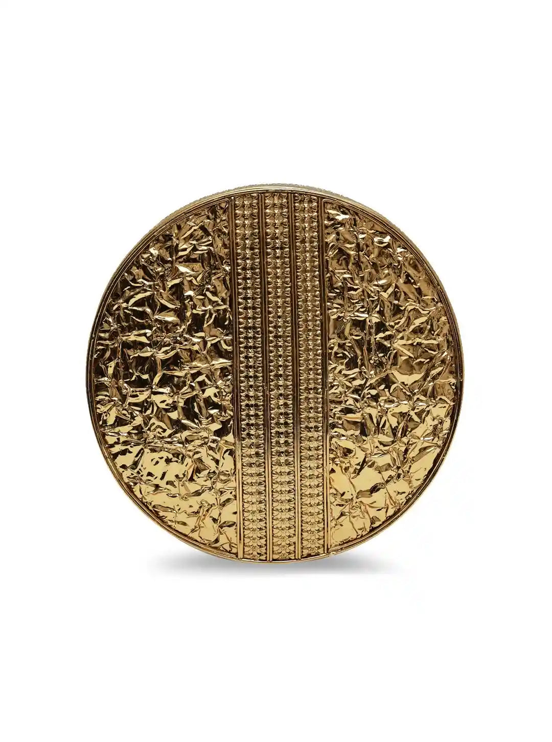 Gold circular object with intricate patterns on a white background