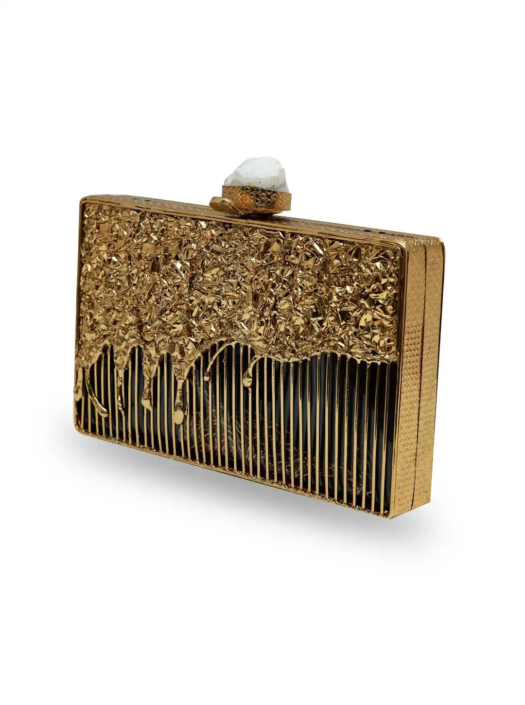 Gold clutch with decorative design on a white background