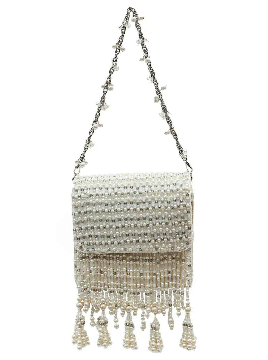 Beaded handbag with chain strap on a white background