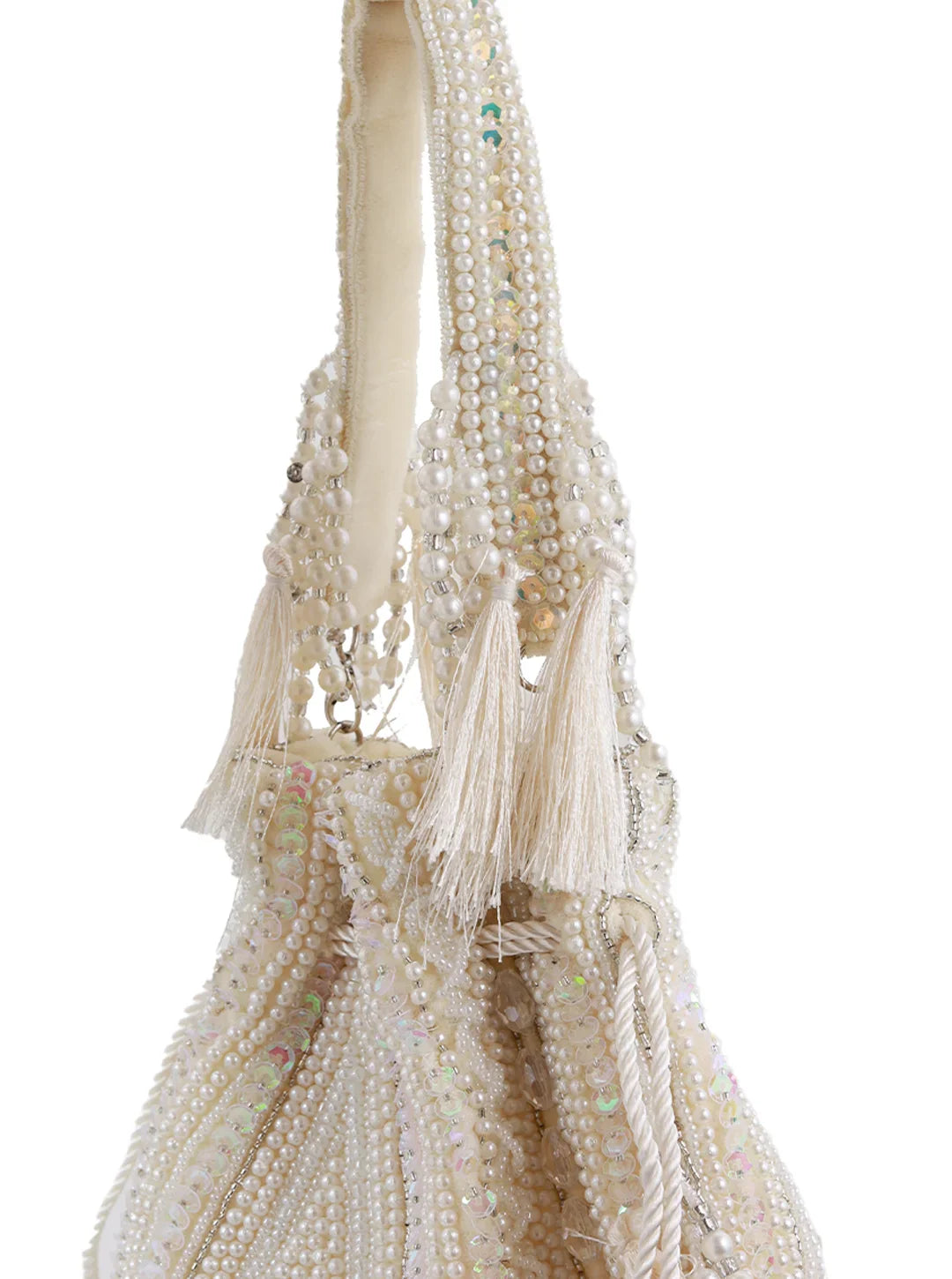 Beaded handbag with tassels on a white background