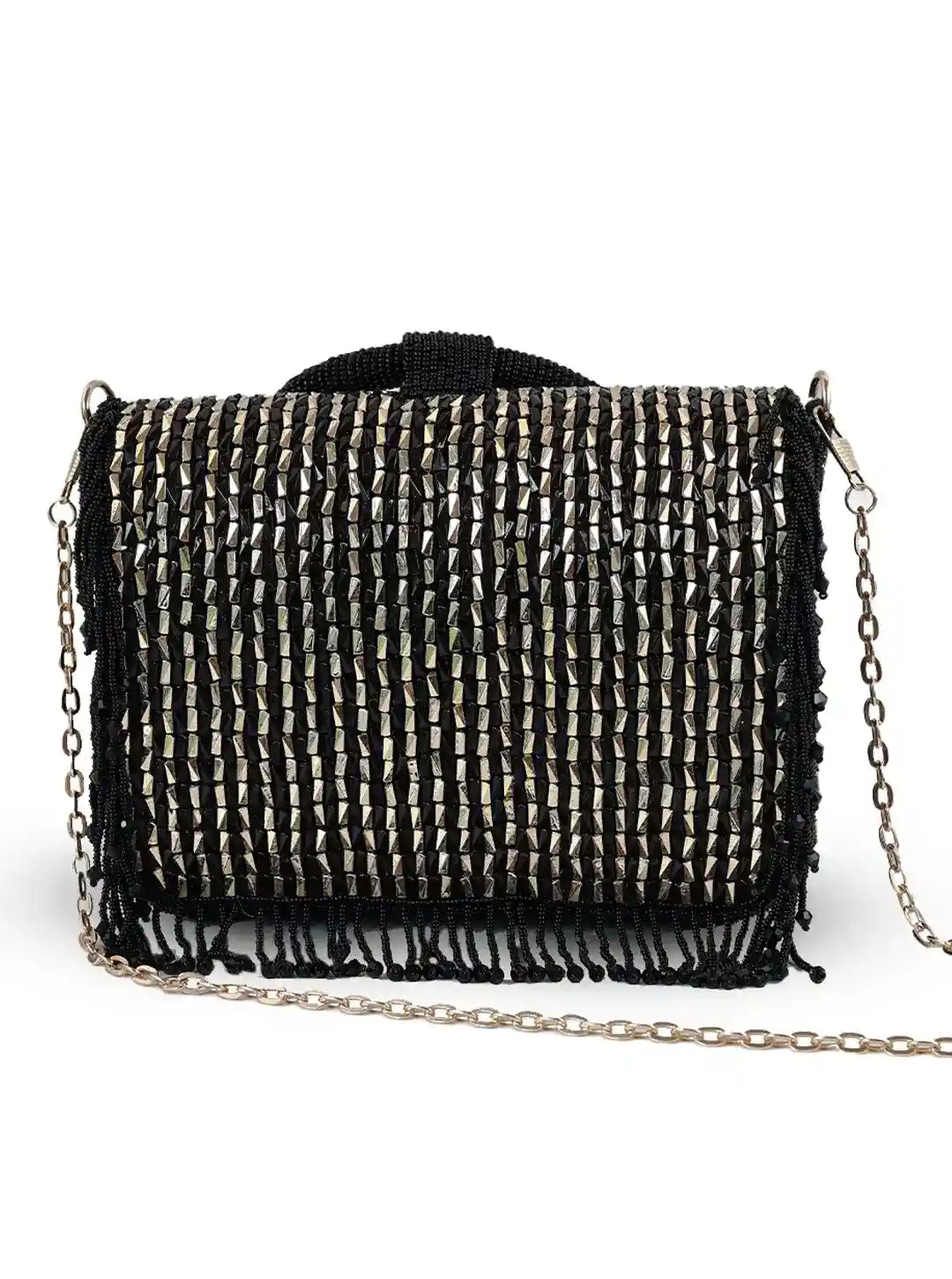 Black and gold woven handbag with chain strap on a white background
