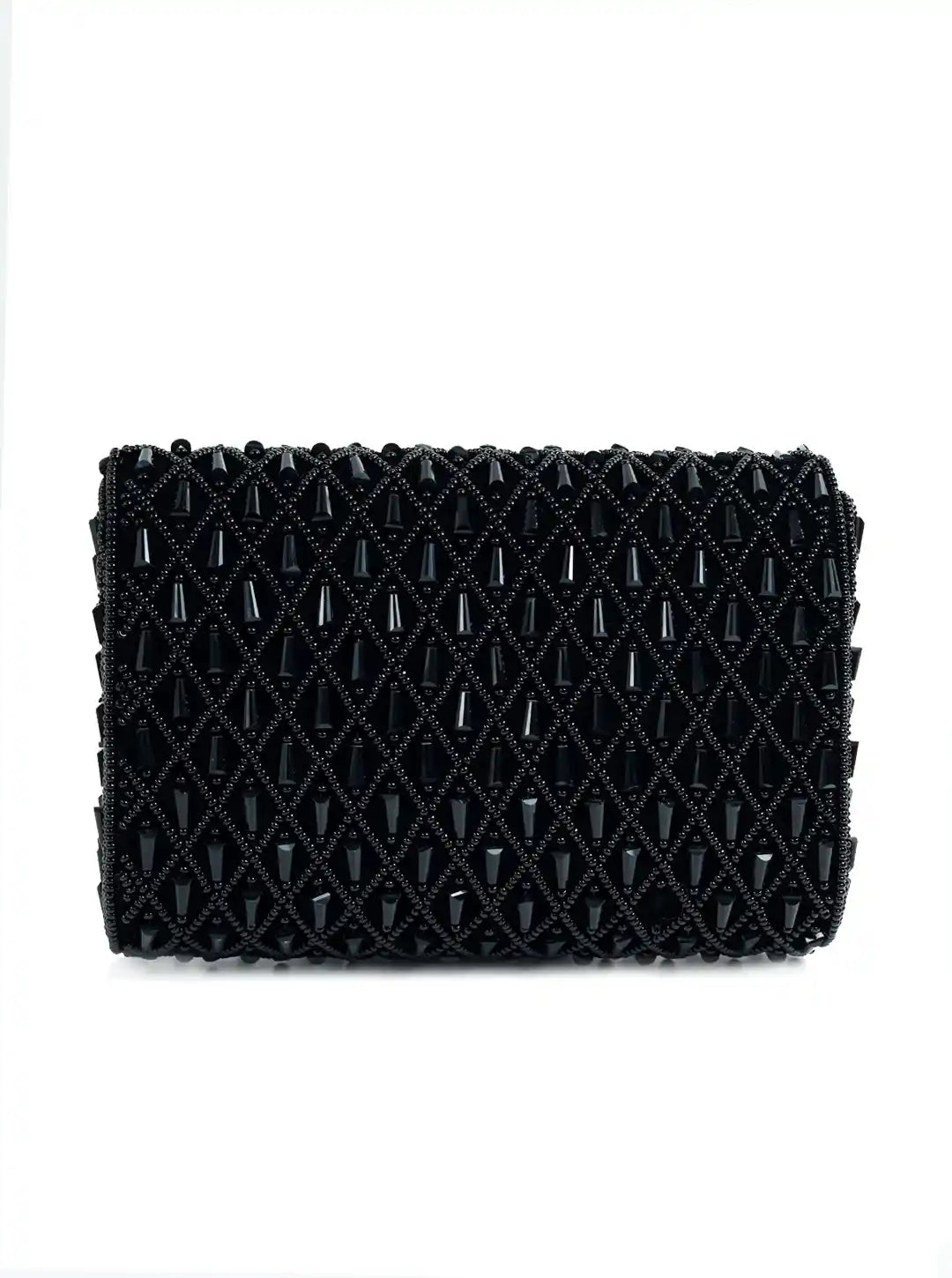 Black woven clutch bag on a white background