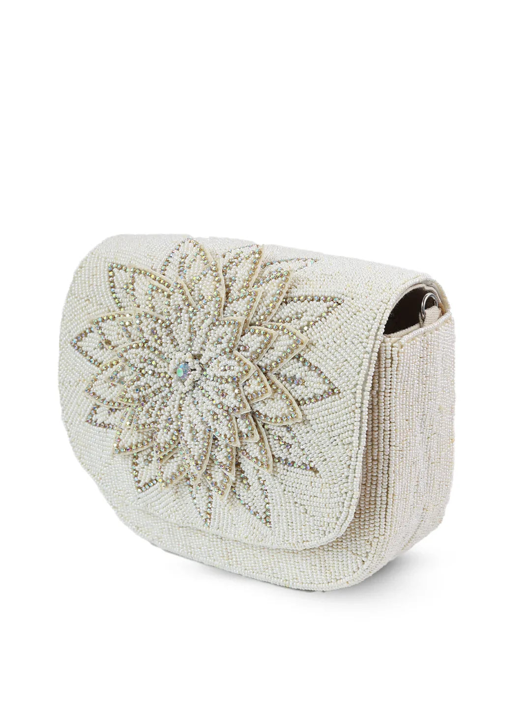 Elegant clutch bag with floral beaded design on a white background