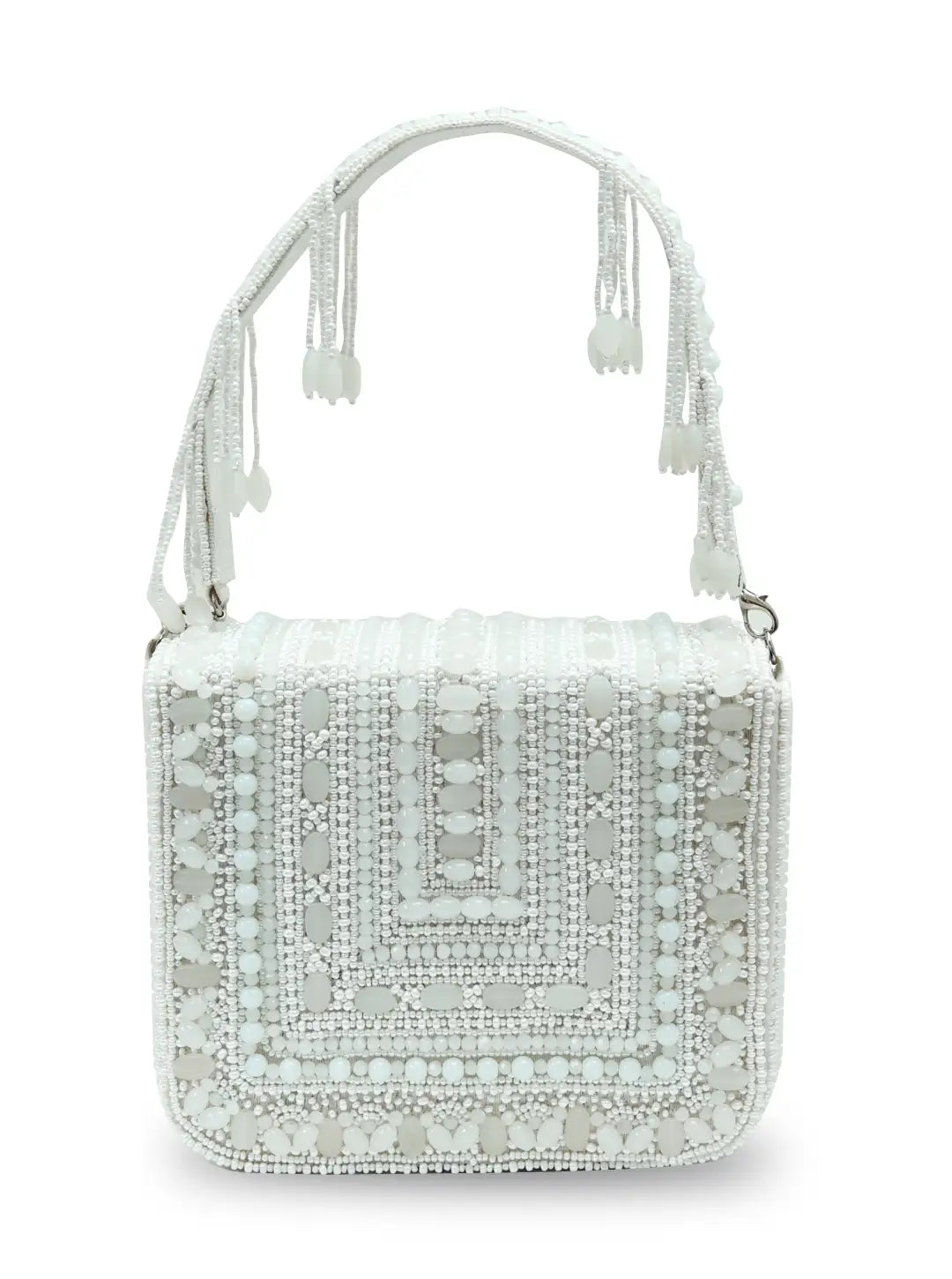 White beaded handbag with tassels on a white background